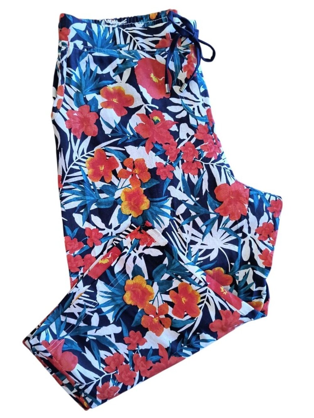 Jessica London Womens Floral Print Linen-Blend Pants With Drawstring Waist Size